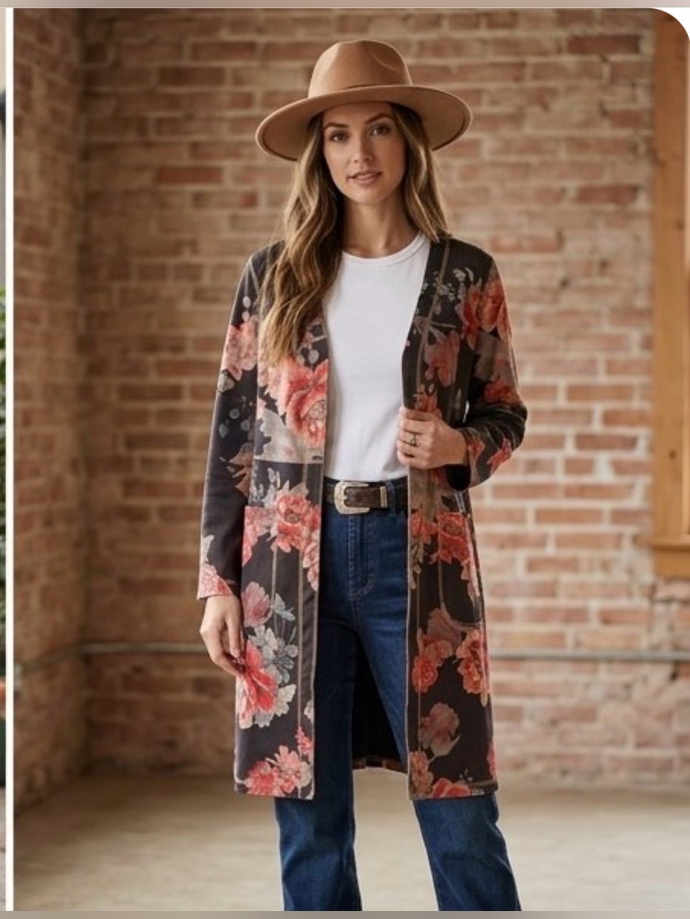 Solitaire Anthropologie Floral Faux Suede Open Front Duster Jacket Coat S Boho - Picture 2 of 13